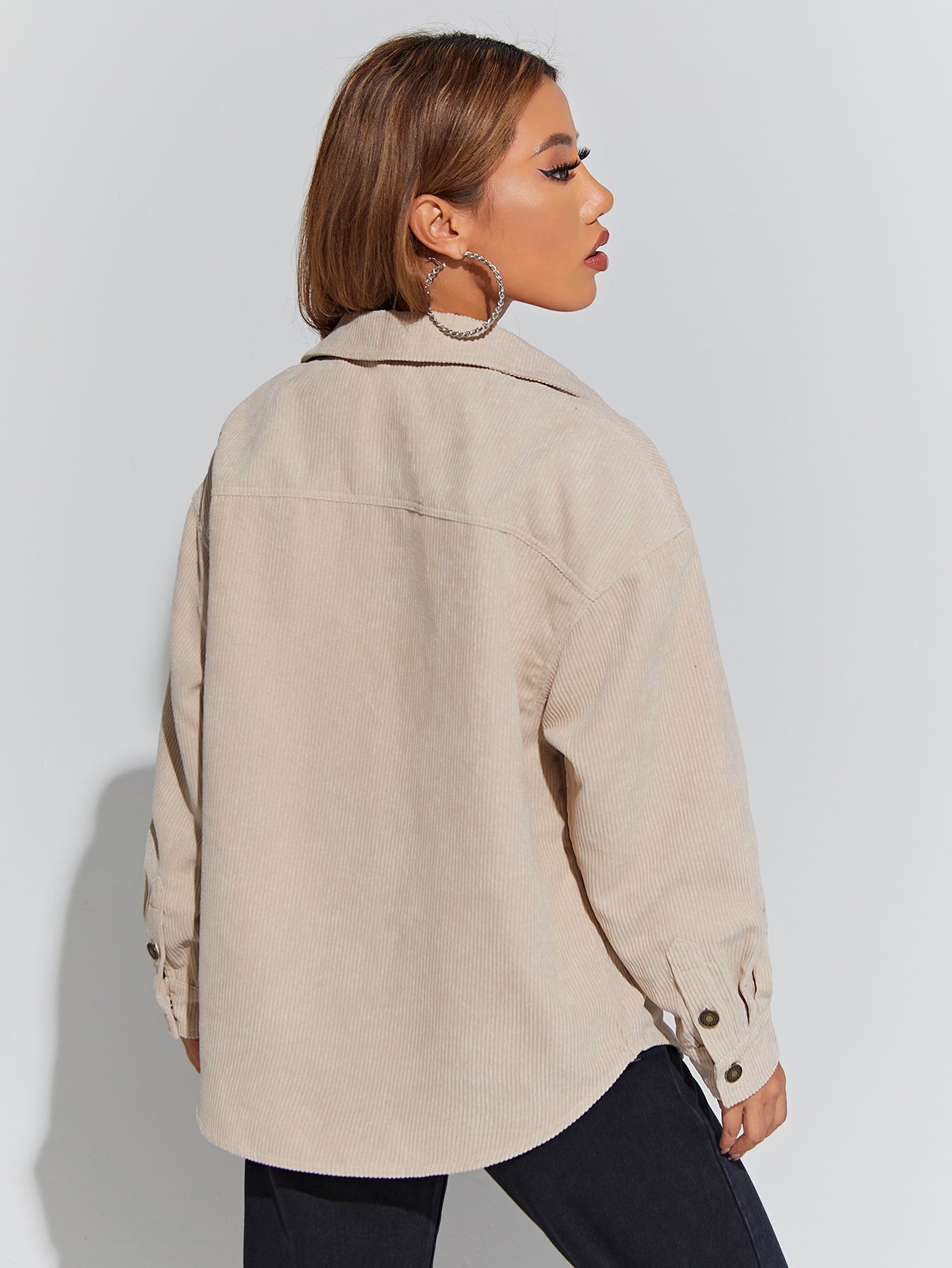 Flap Pocket Drop Shoulder Corduroy Coat