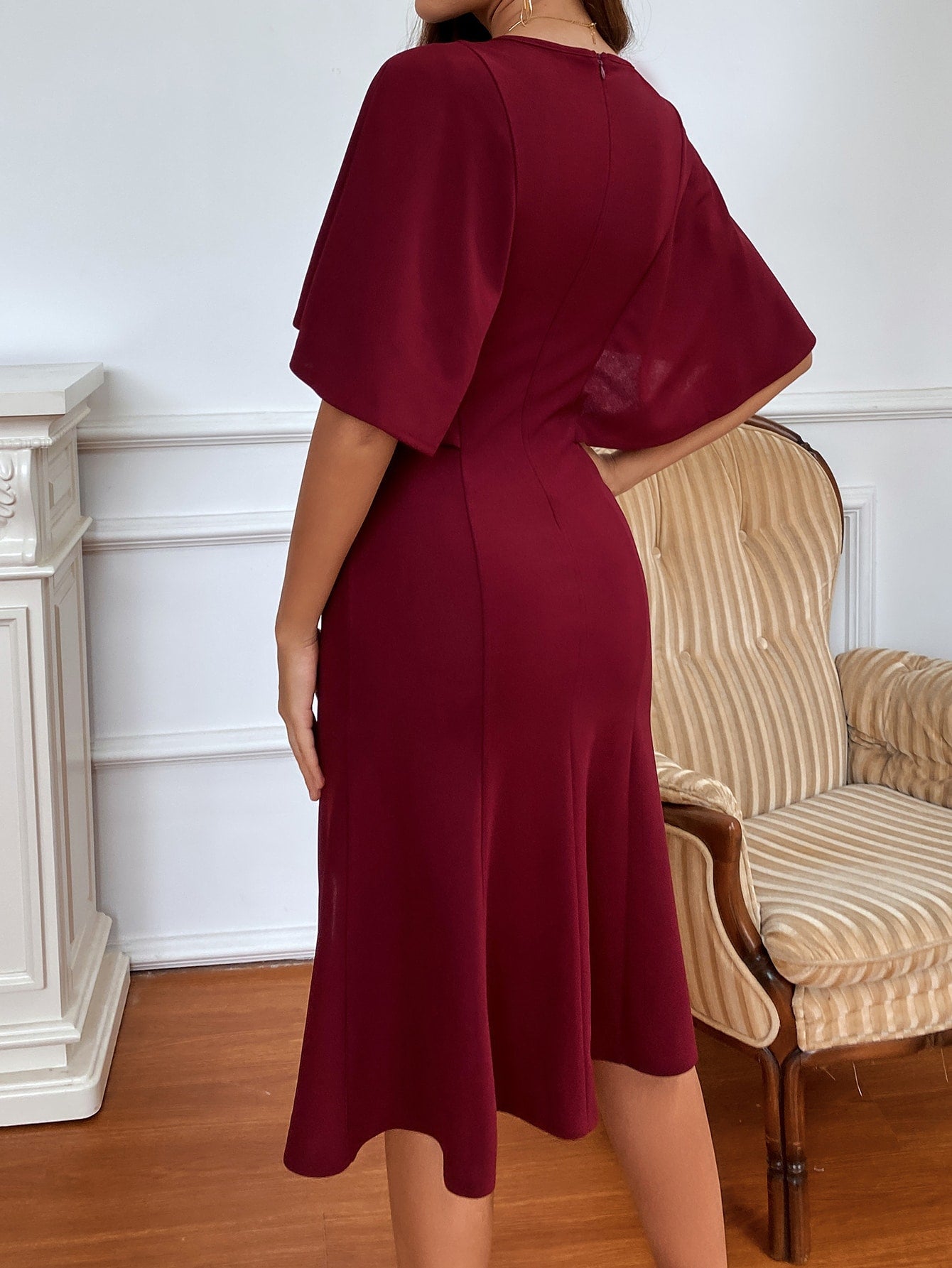 V Neck Flutter Sleeve Zip Back Split Thigh Dress