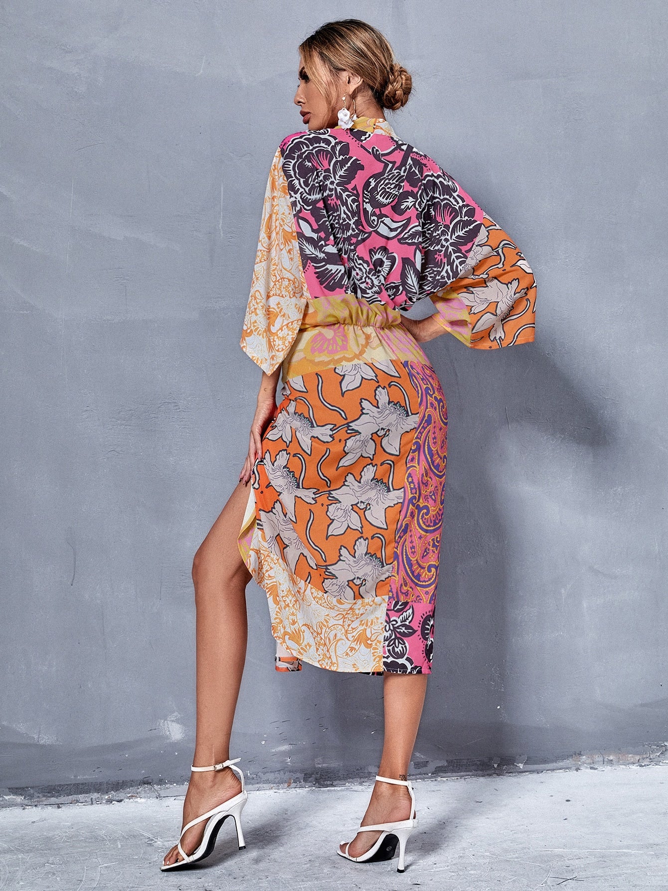 Floral & Paisley Print V Neck Batwing Sleeve Dress