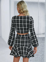 Lantern Sleeve Plaid Tweed Top & Button Detail Ruffle Hem Skirt