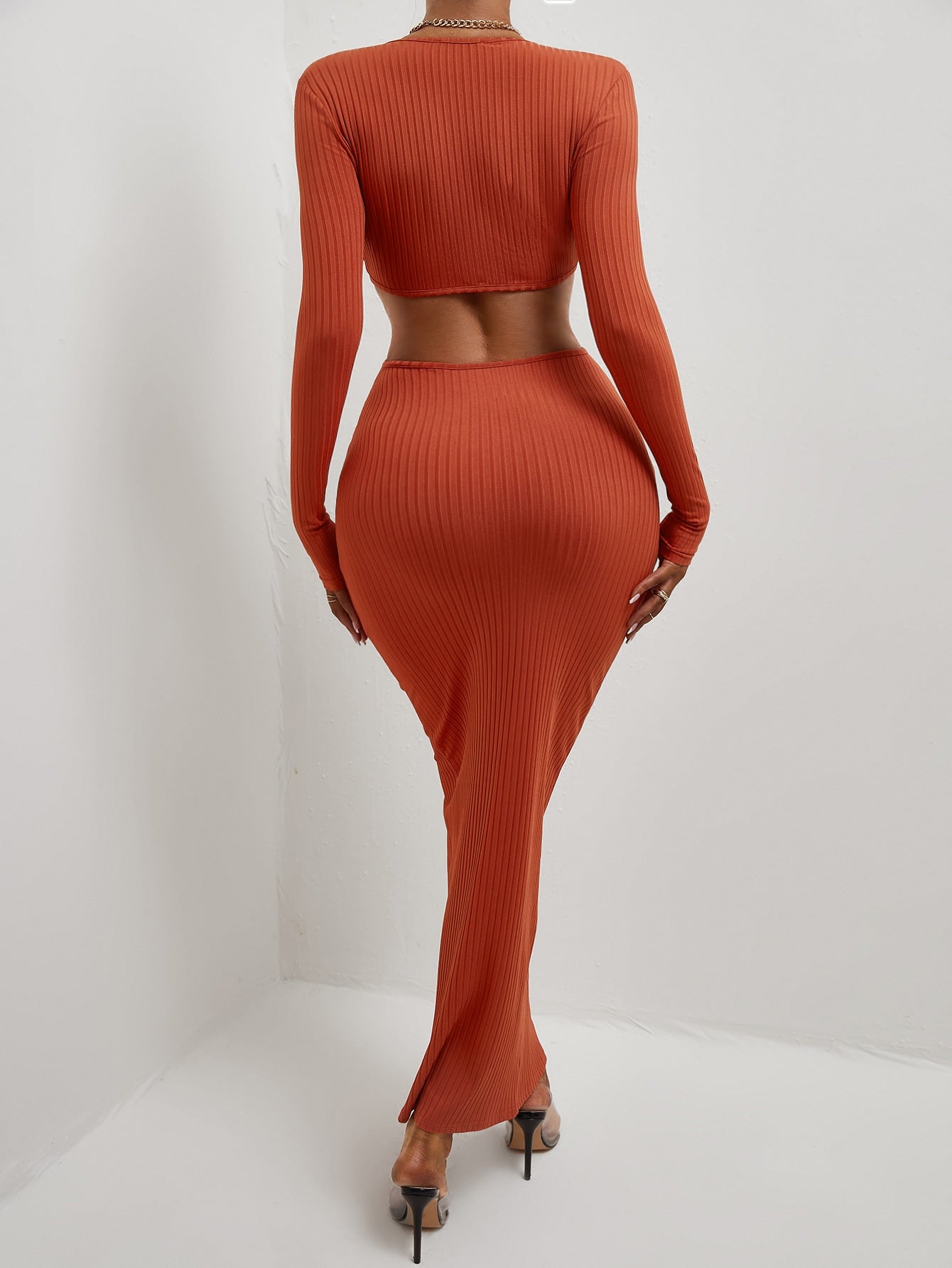 Plunging Neck Ribbed Knit Cut Out Button Detail Bodycon Dress