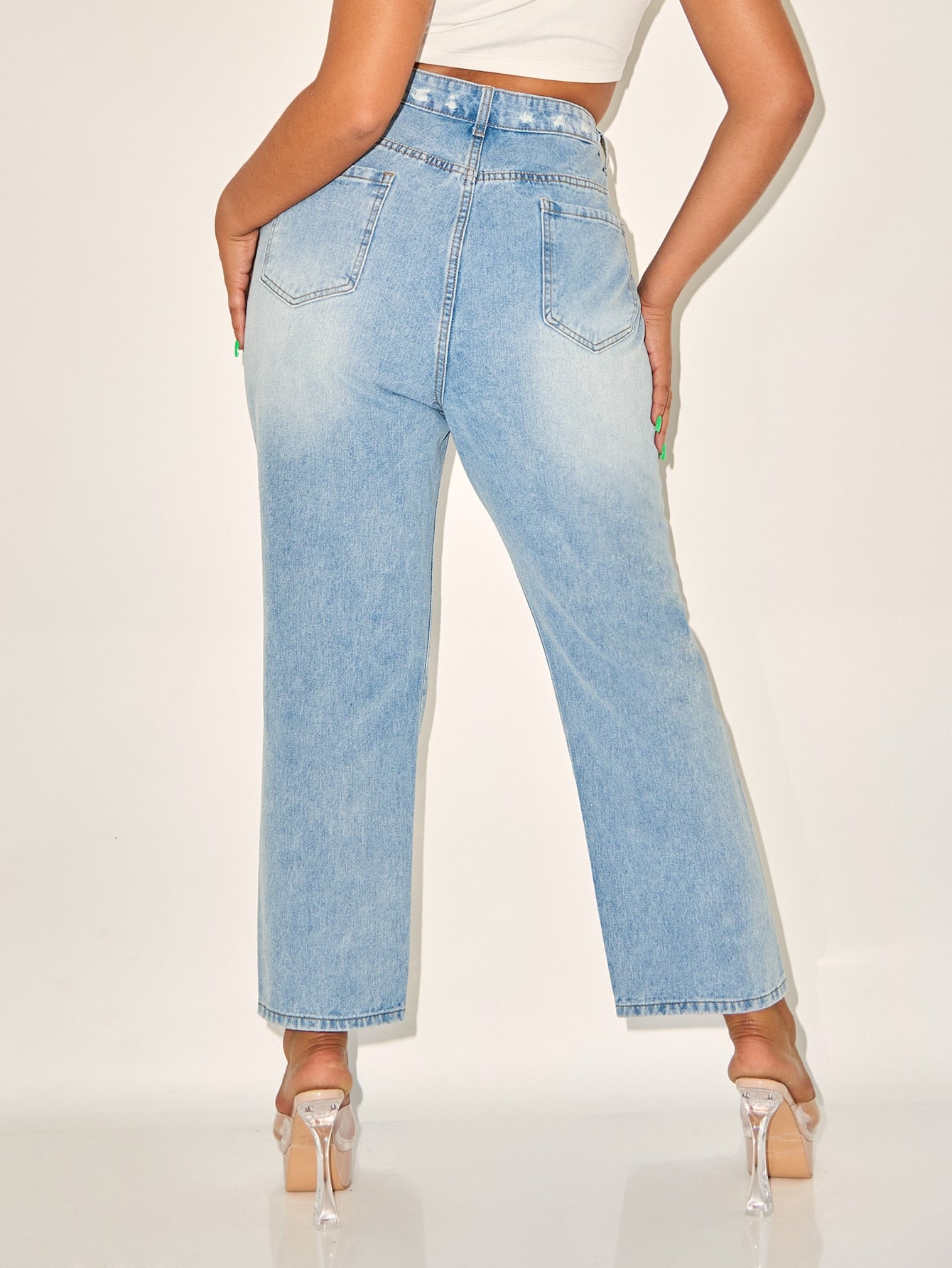 Plus High Waist Bleach Wash Jeans