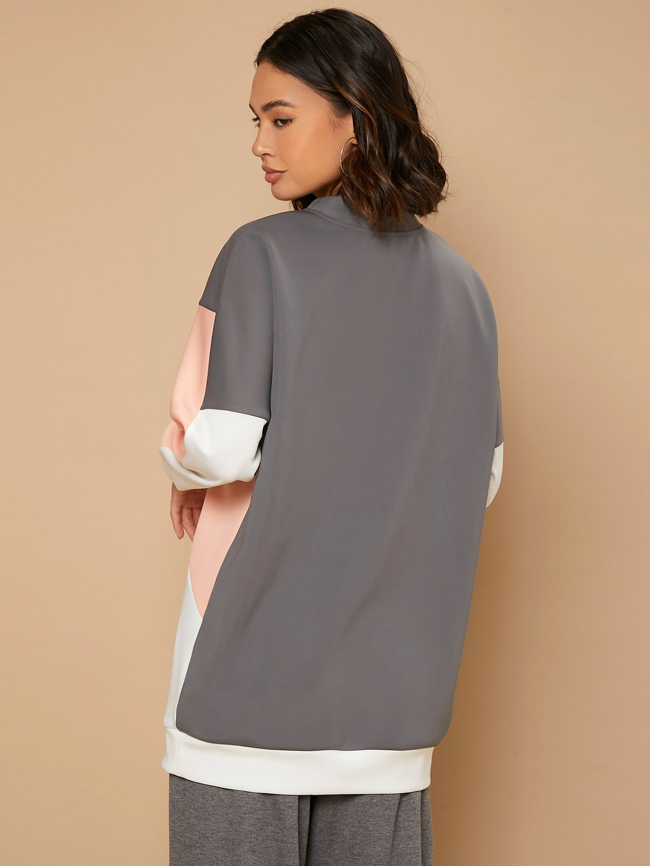 Mock Neck Drop Shoulder Colorblock Pullover