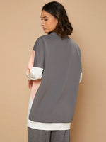 Mock Neck Drop Shoulder Colorblock Pullover