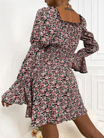 Square Neck Ditsy Floral Print Flounce Sleeve Shirred Waist Dress