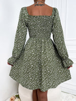 Scoop Neck Ditsy Floral Print Shirred Bodice Flounce Sleeve Dress