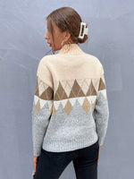 Colorblock & Argyle Pattern High Neck Sweater