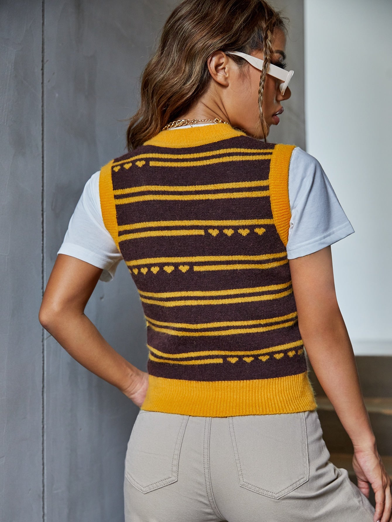 Striped & Heart Pattern Sweater Vest