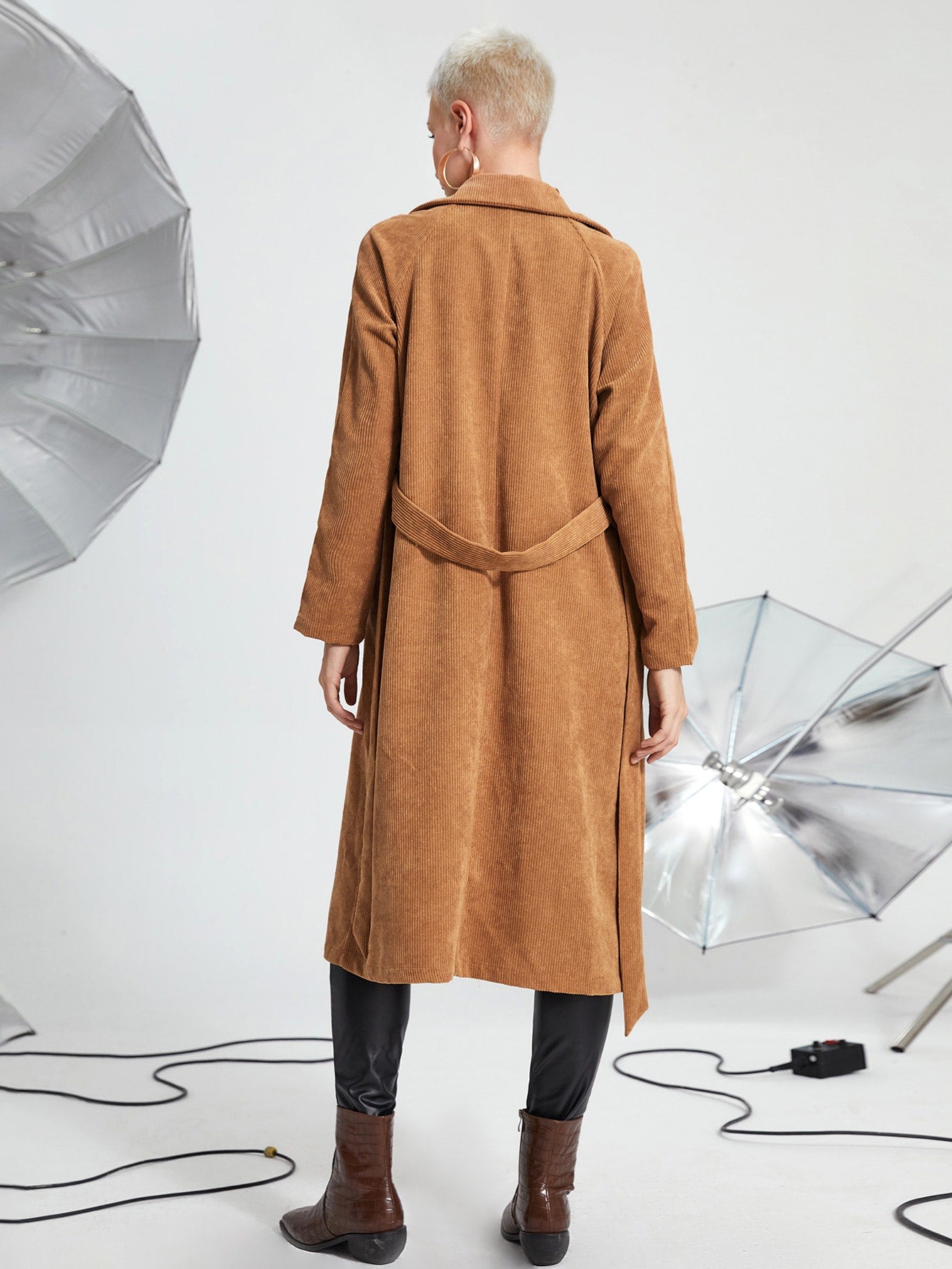 Slant Pocket Belted Corduroy Coat