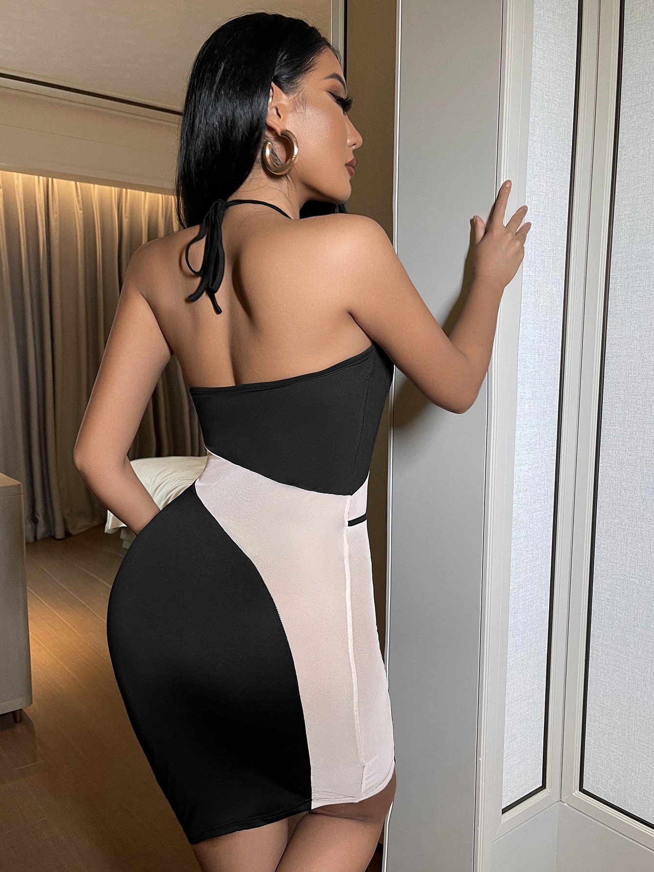 Colorblock Contrast Mesh Halter Bodycon Dress