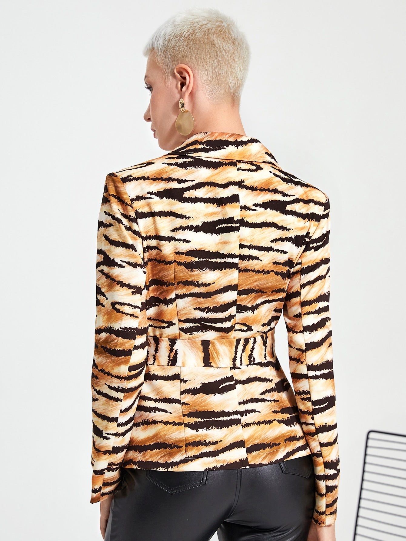 Tiger Striped Lapel Neck Belted Coat