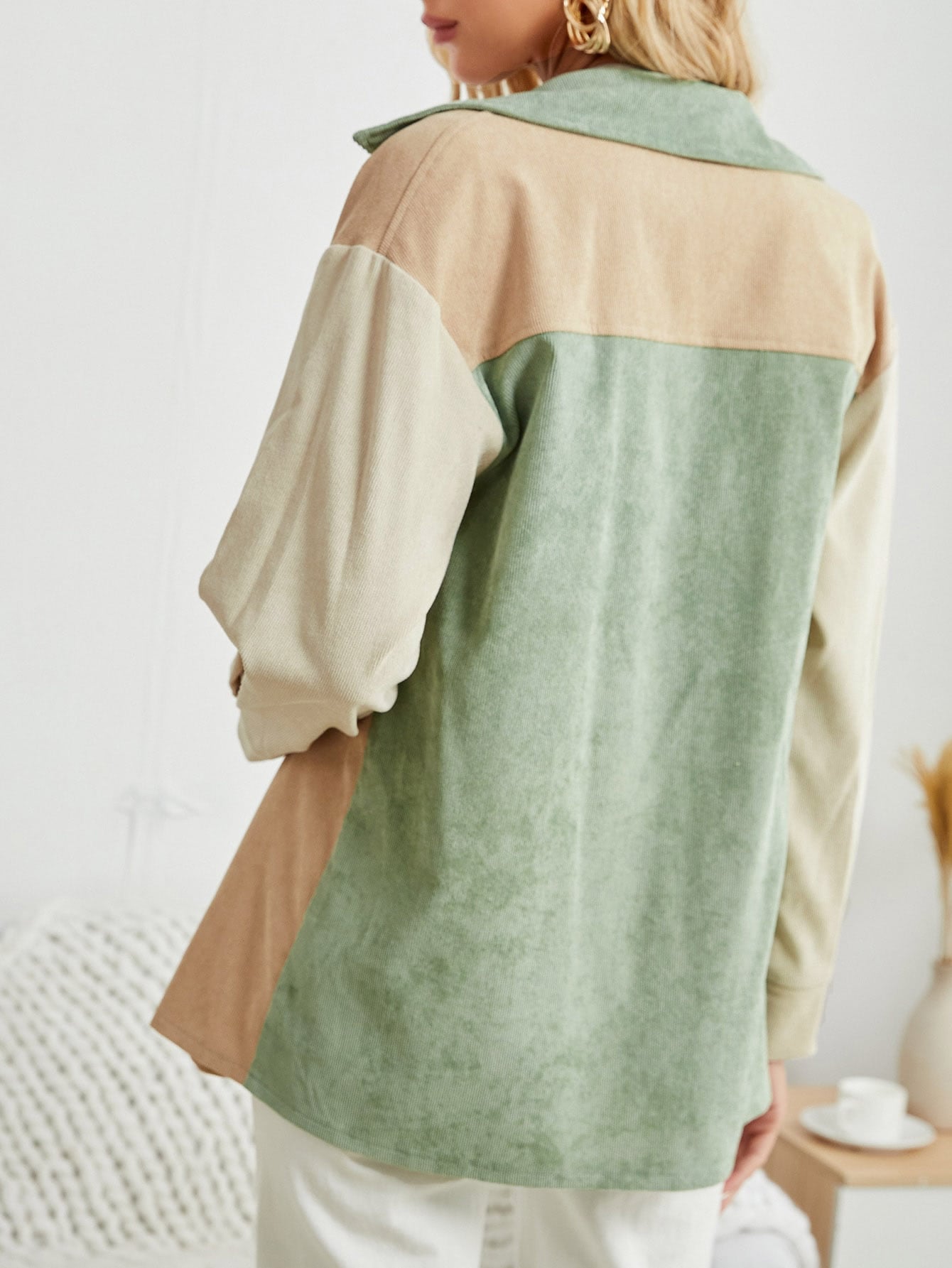 Color Block Drop Shoulder Corduroy Coat