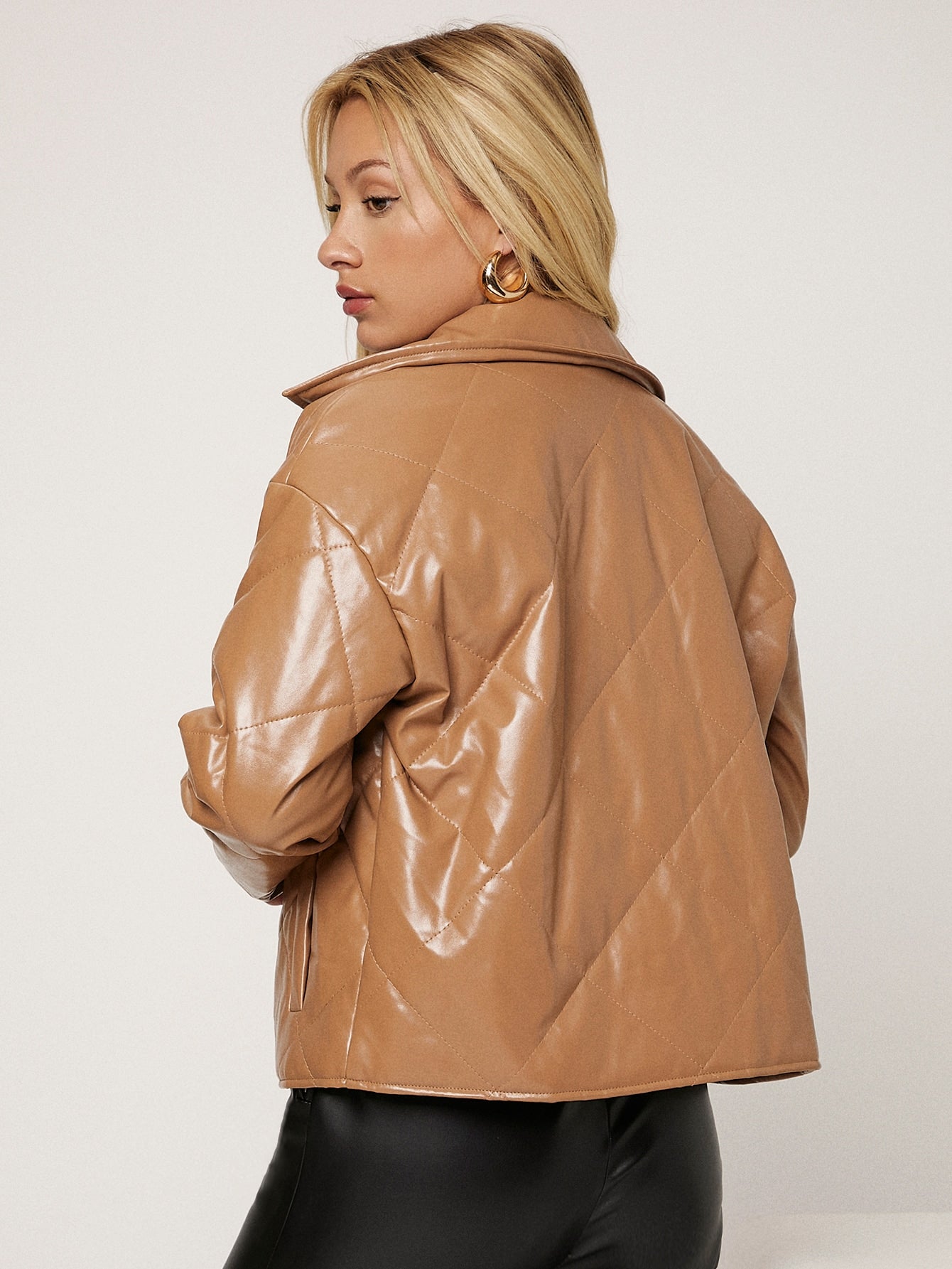 Drop Shoulder PU Leather Quilted Coat