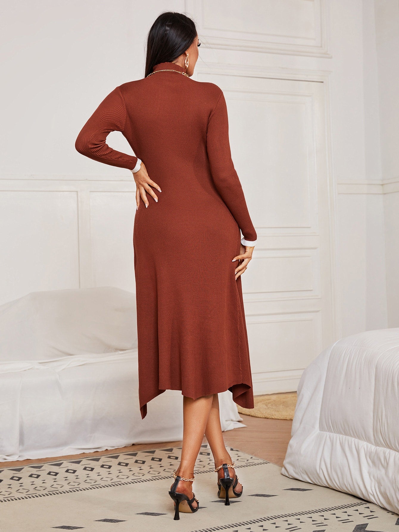 High Neck Ribbed Knit Sweater Dress Without Belt