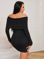 Off Shoulder Foldover Ribbed Knit Belted Sweater Dress