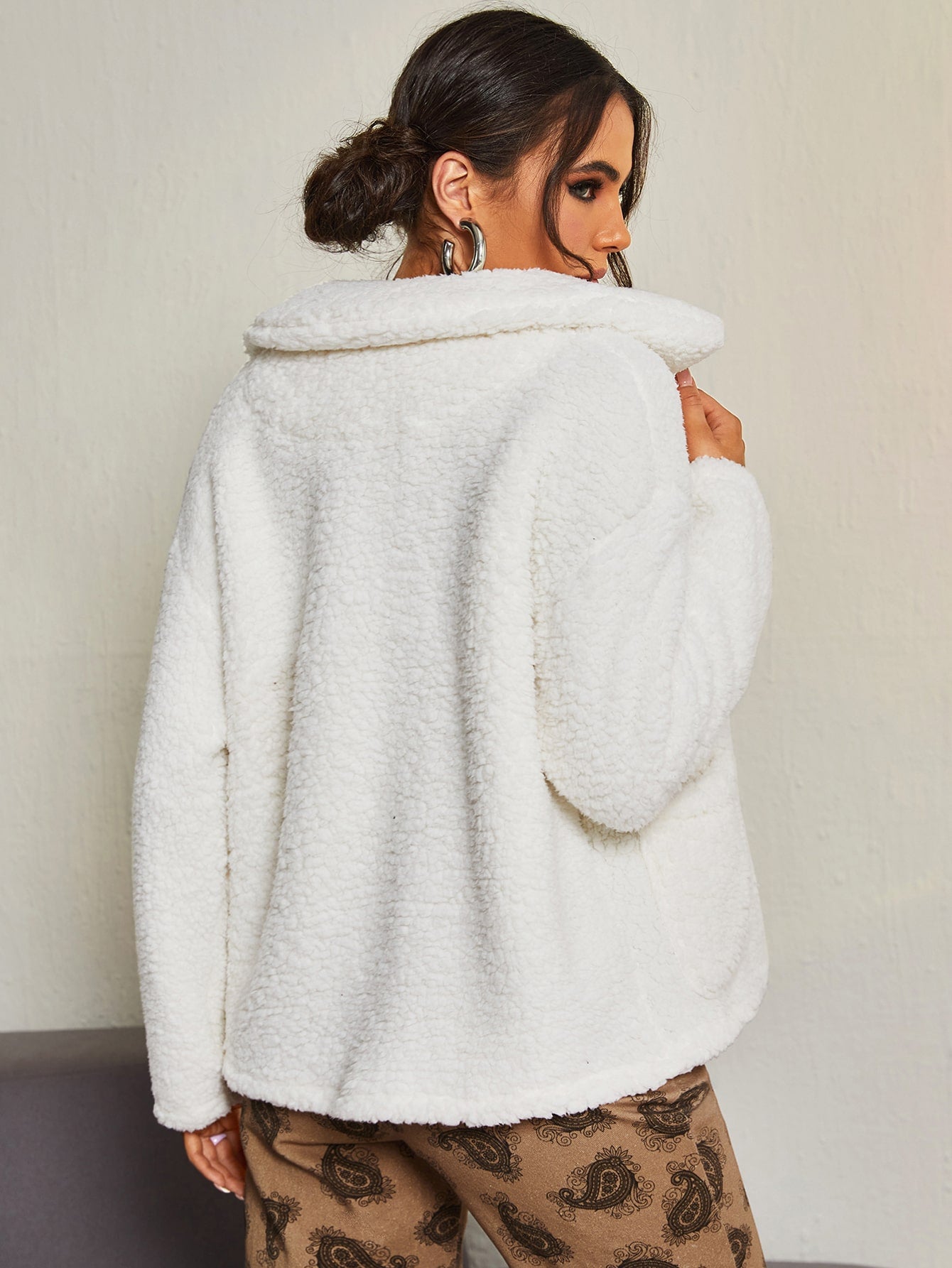 Drop Shoulder Pocket Front Teddy Coat