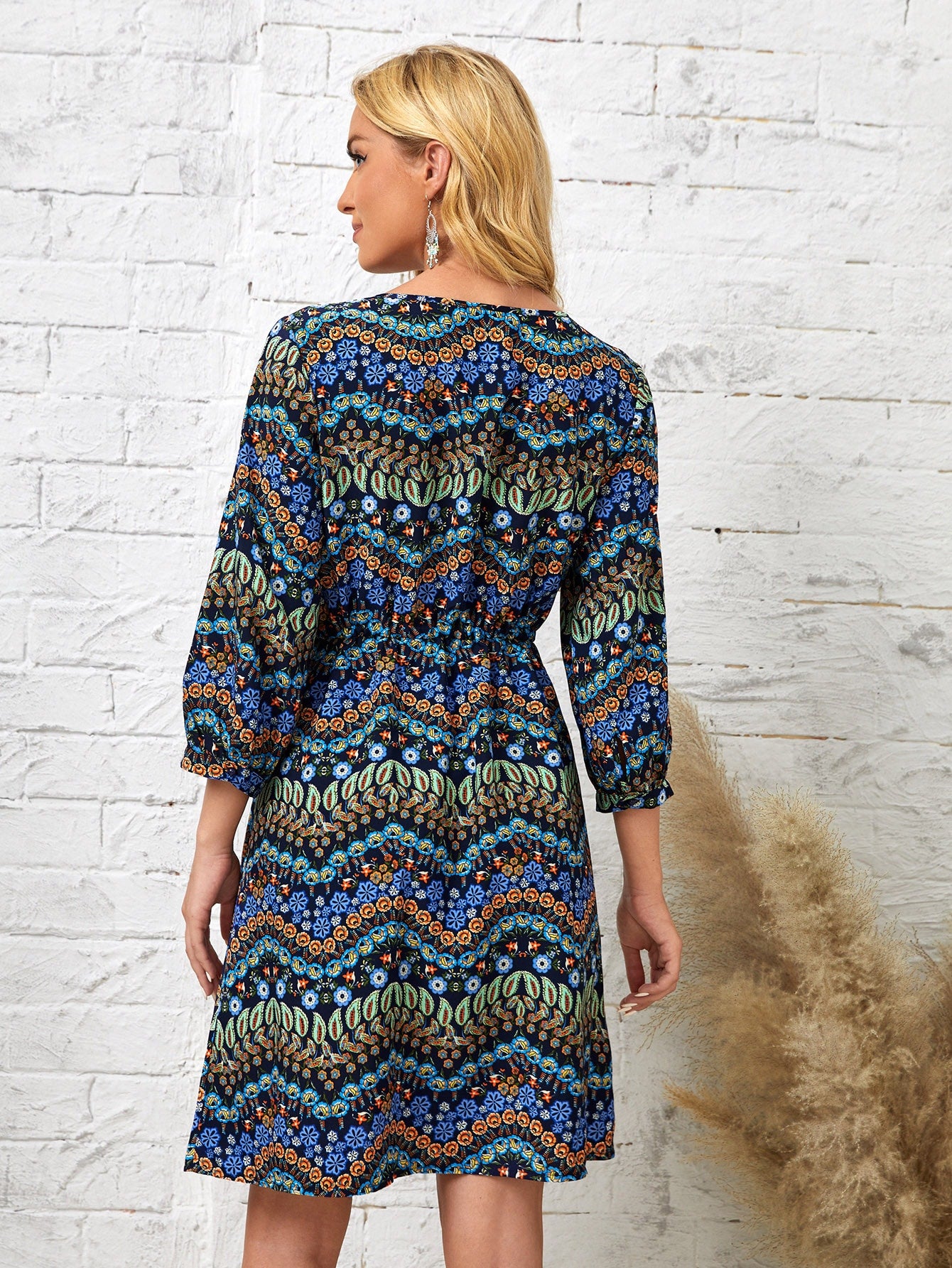 Paisley And Floral Print Tie Front Bishop Sleeve Dress