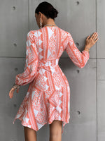 Ditsy Floral & Geo Print Plunging Neck Twist Front Asymmetrical Hem Dress