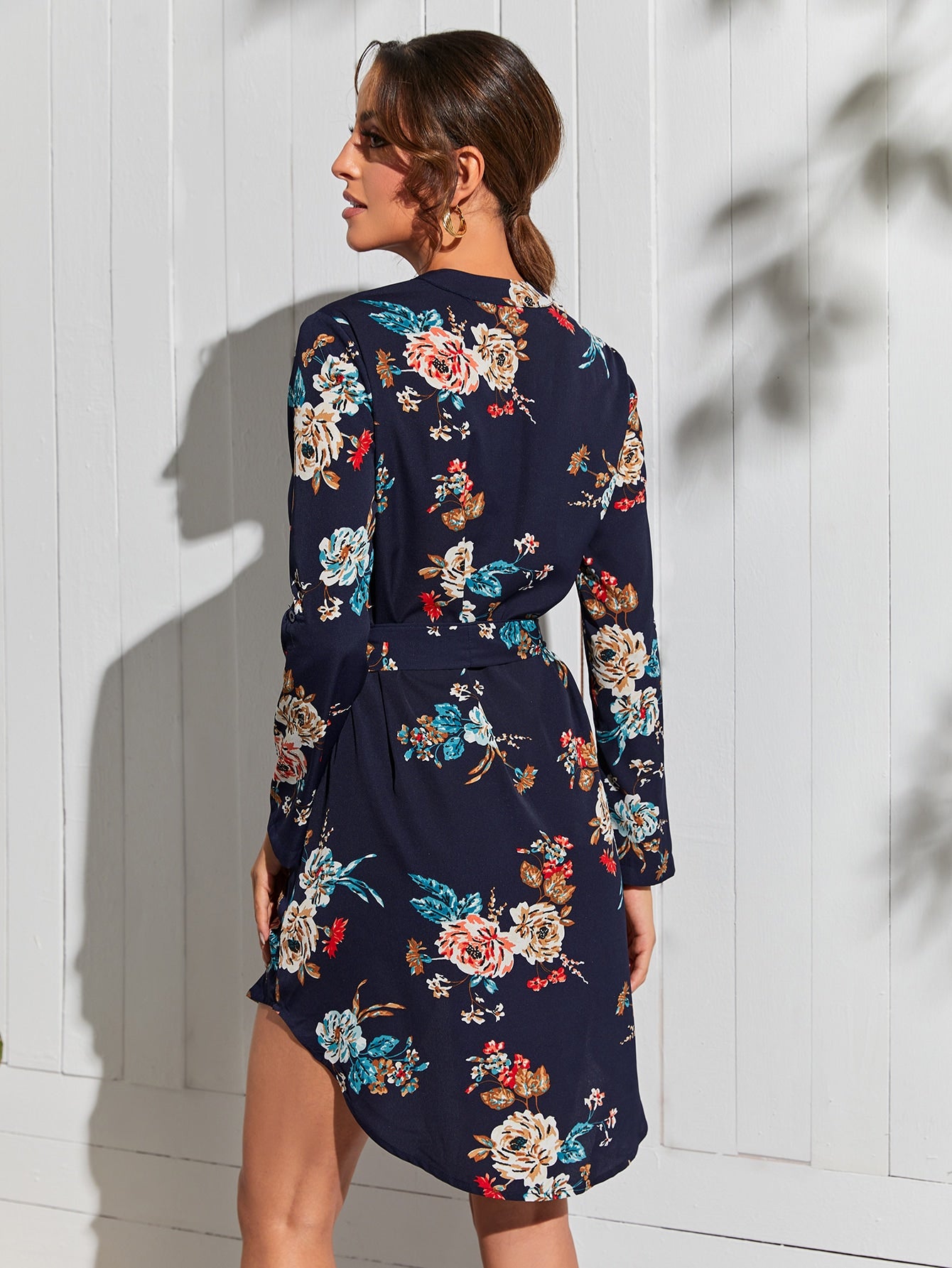 Floral Print Roll Tab Sleeve Belted Dress