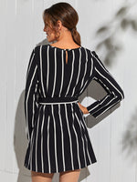 Vertical Stripe Keyhole Back Belted Dress