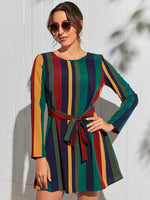 Color Block Striped Belted Dress