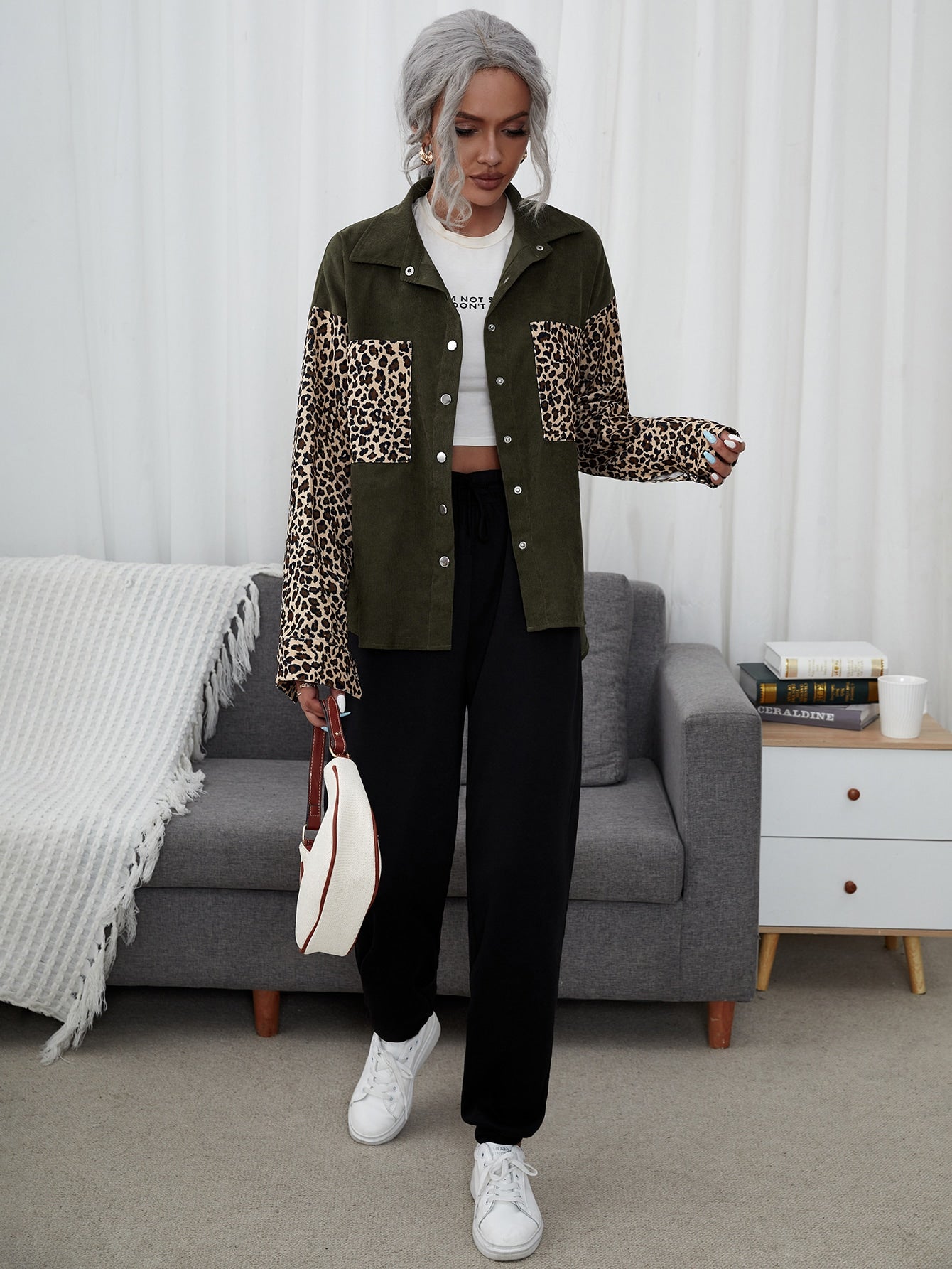 Leopard Print Patched Pocket Drop Shoulder Coat