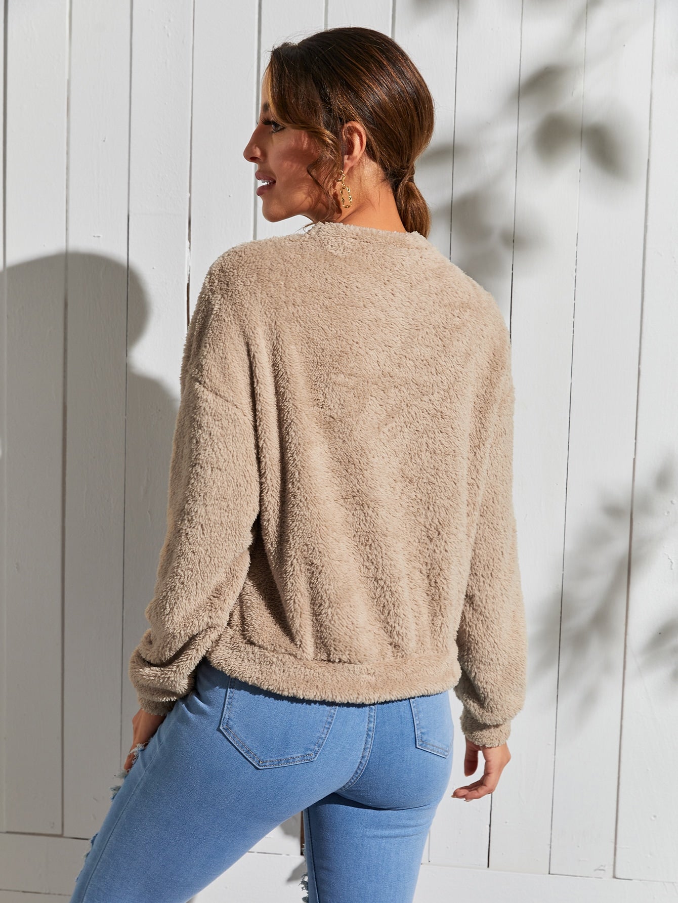 Solid Drop Shoulder Teddy Pullover