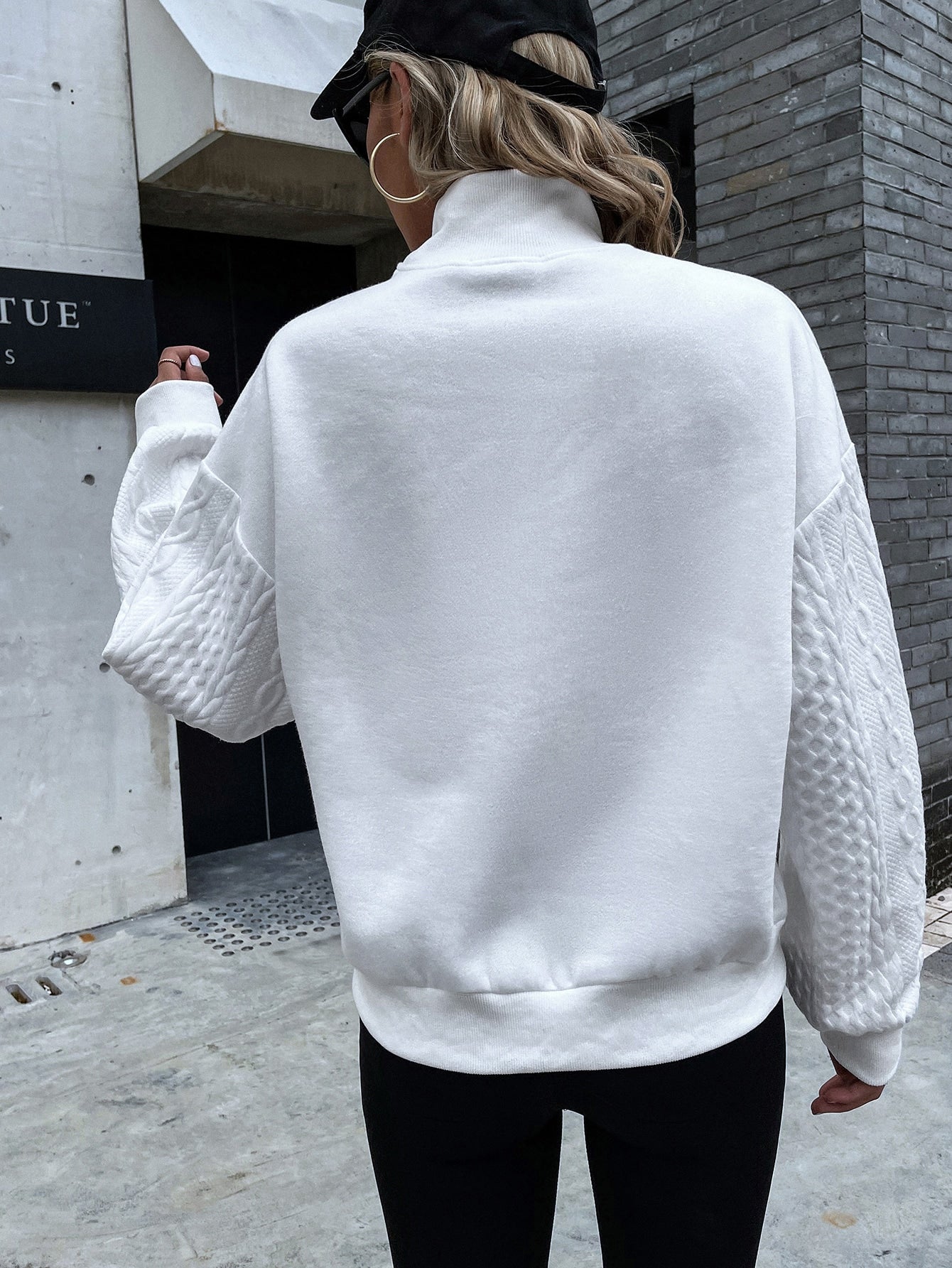 Cable Knit Sleeve Drop Shoulder Stand Collar Sweatshirt