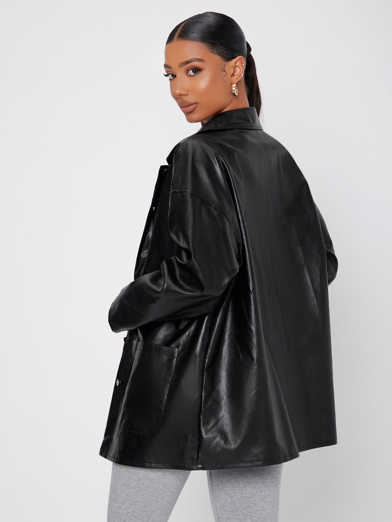 Solid Button Front Drop Shoulder PU Leather Coat