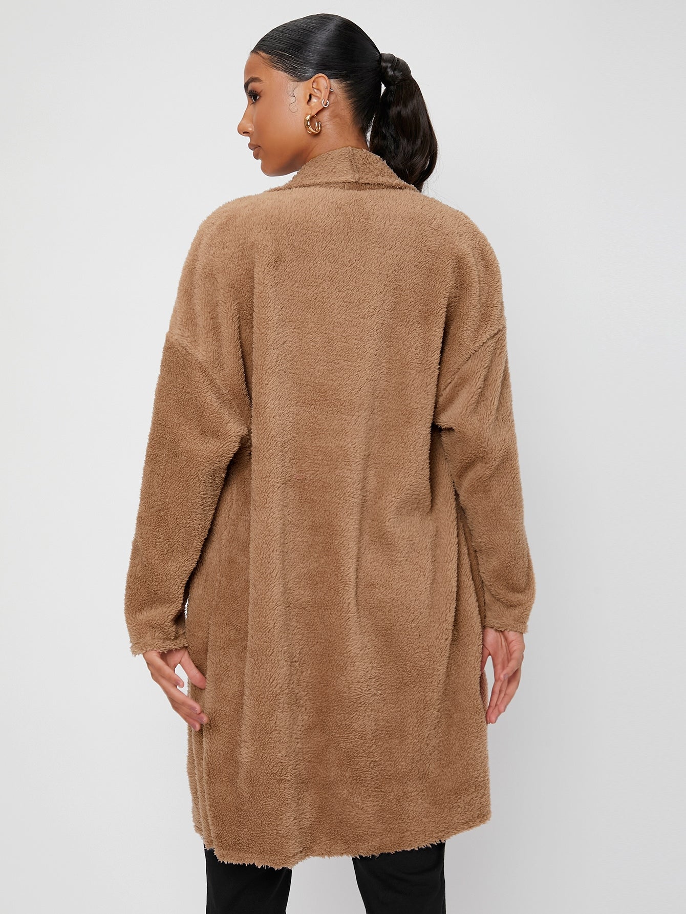 Solid Shawl Collar Drop Shoulder Teddy Coat