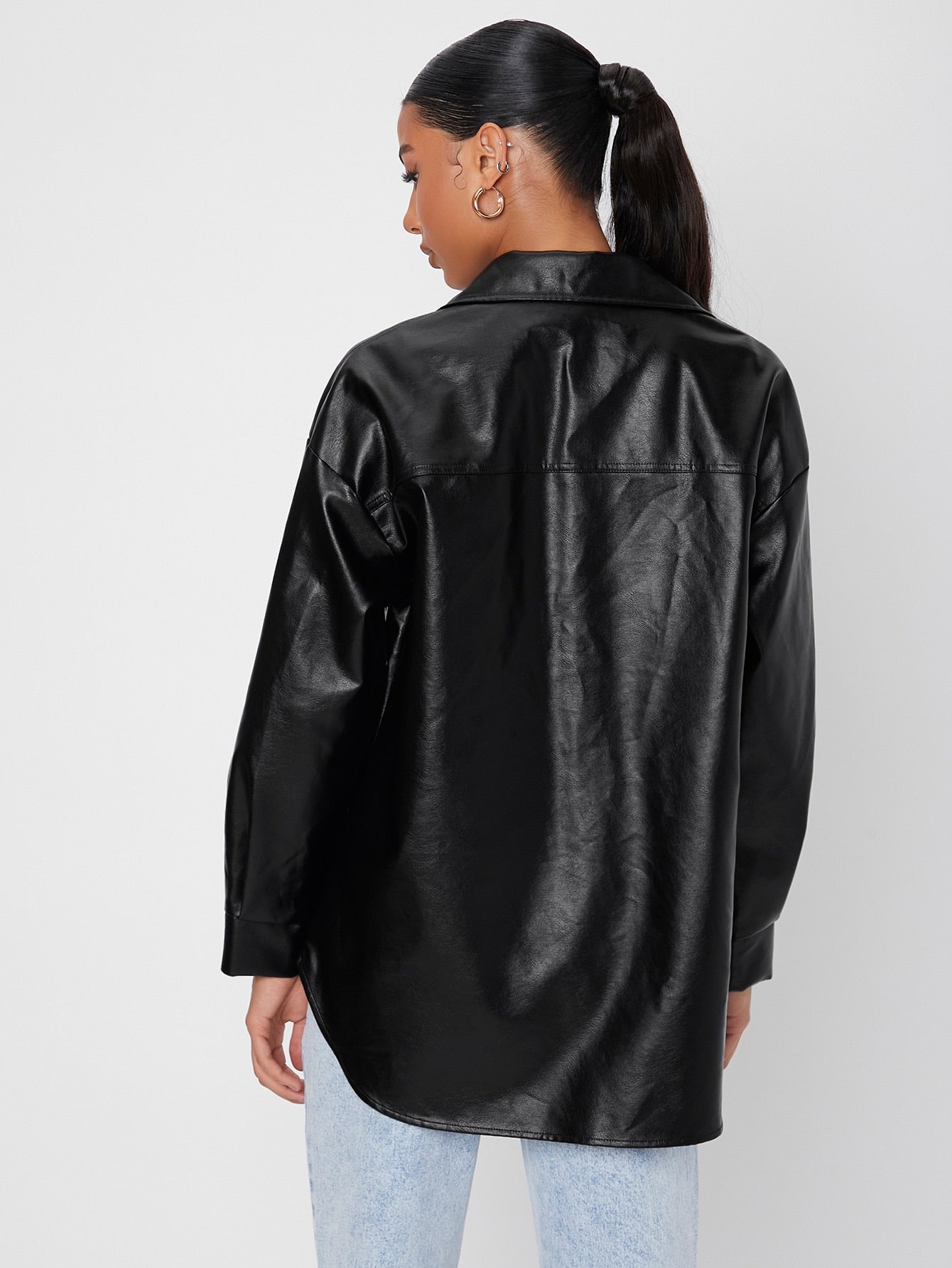 Solid Button Front Flap Pocket Drop Shoulder PU Leather Coat