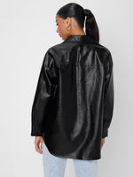 Solid Button Front Flap Pocket Drop Shoulder PU Leather Coat