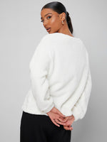 Solid V Neck Drop Shoulder Teddy Sweatshirt