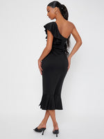 Solid One Shoulder Ruffle Hem Split Thigh Dress