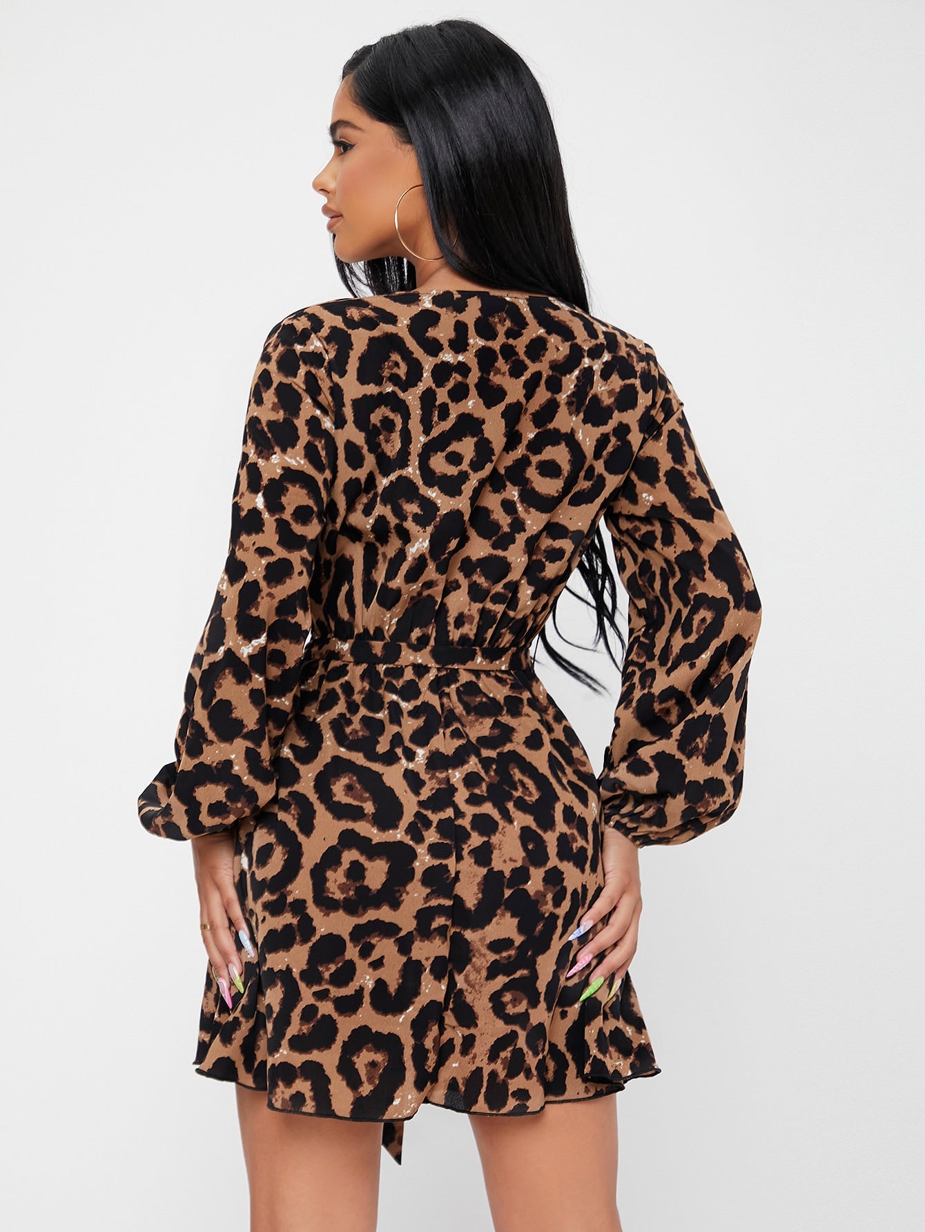 V Neck Leopard Print Bishop Sleeve Belted Dress