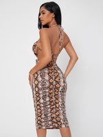 Snakeskin Print Criss Cross Tie Back Cut Out Backless Bodycon Dress