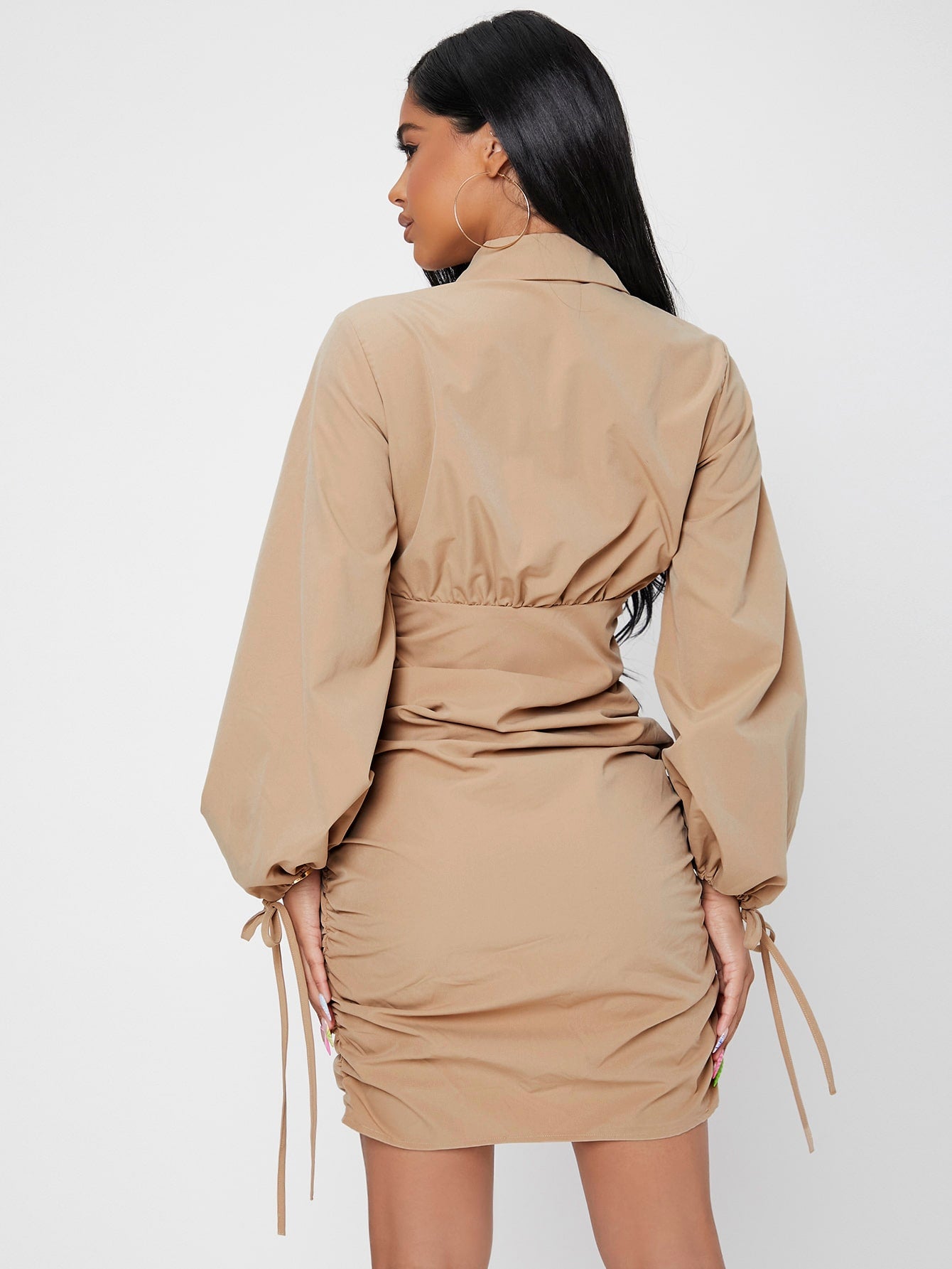 Surplice Neck Lantern Sleeve Knot Ruched Dress