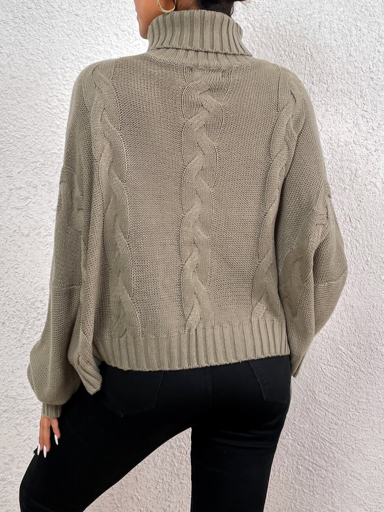 Funnel Neck Drop Shoulder Cable Knit Sweater