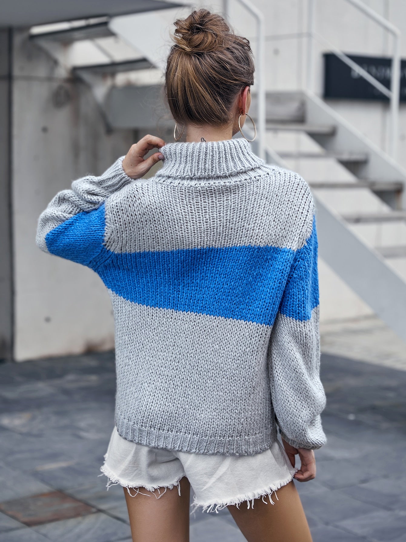 Color Block Turtle Neck Drop Shoulder Sweater