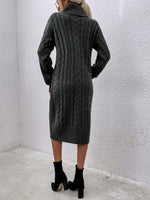 Turtleneck Dual Pocket Cable Knit Drop Shoulder Sweater Dress