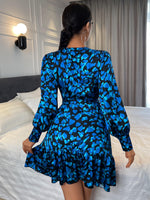 Allover Print Lantern Sleeve Belted Dress