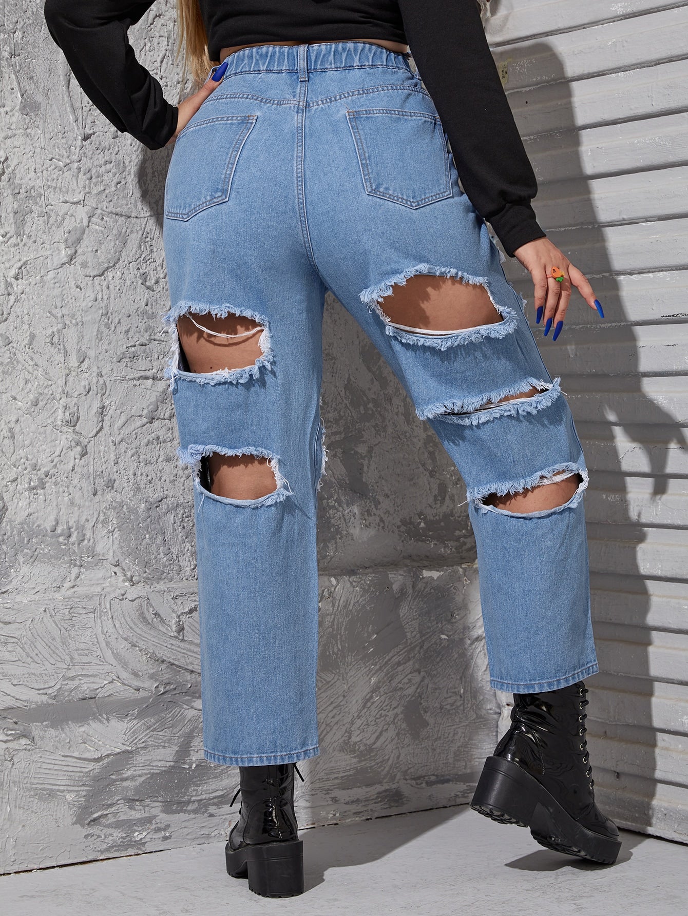 Plus High Waist Cut Out Ripped Frayed Mom Jeans