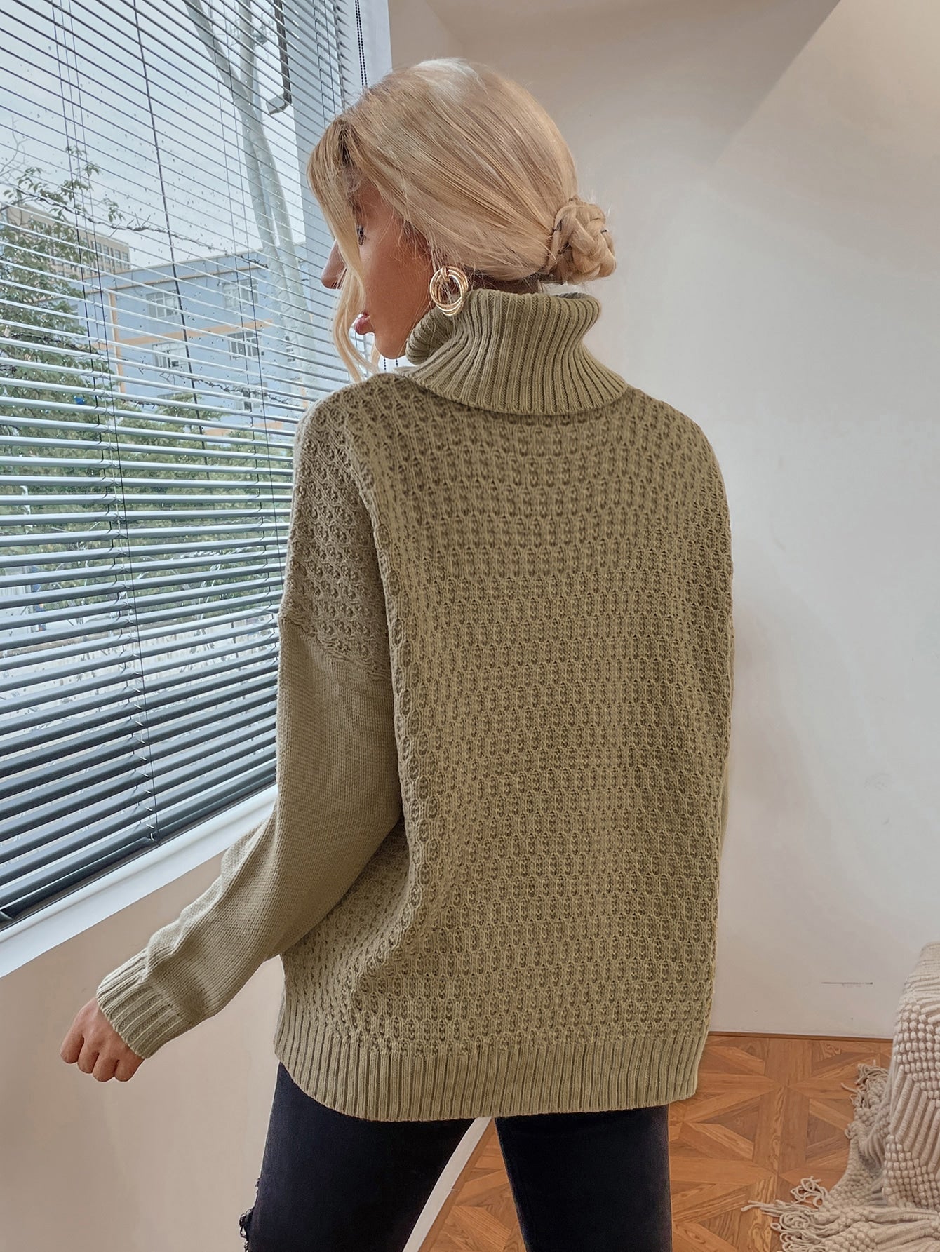 Solid Turtleneck Drop Shoulder Sweater