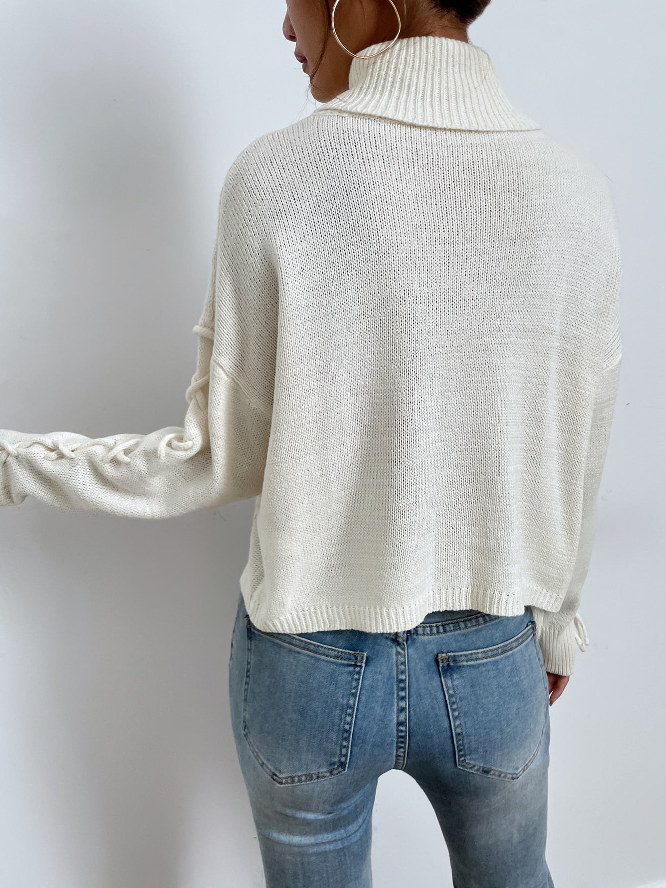 Lace Up Sleeve High Neck Cable Knit Sweater