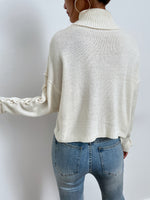 Lace Up Sleeve High Neck Cable Knit Sweater