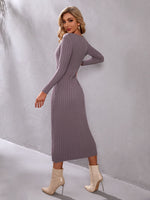 Zip Up Ribbed Knit Sweater Dress Without Belt