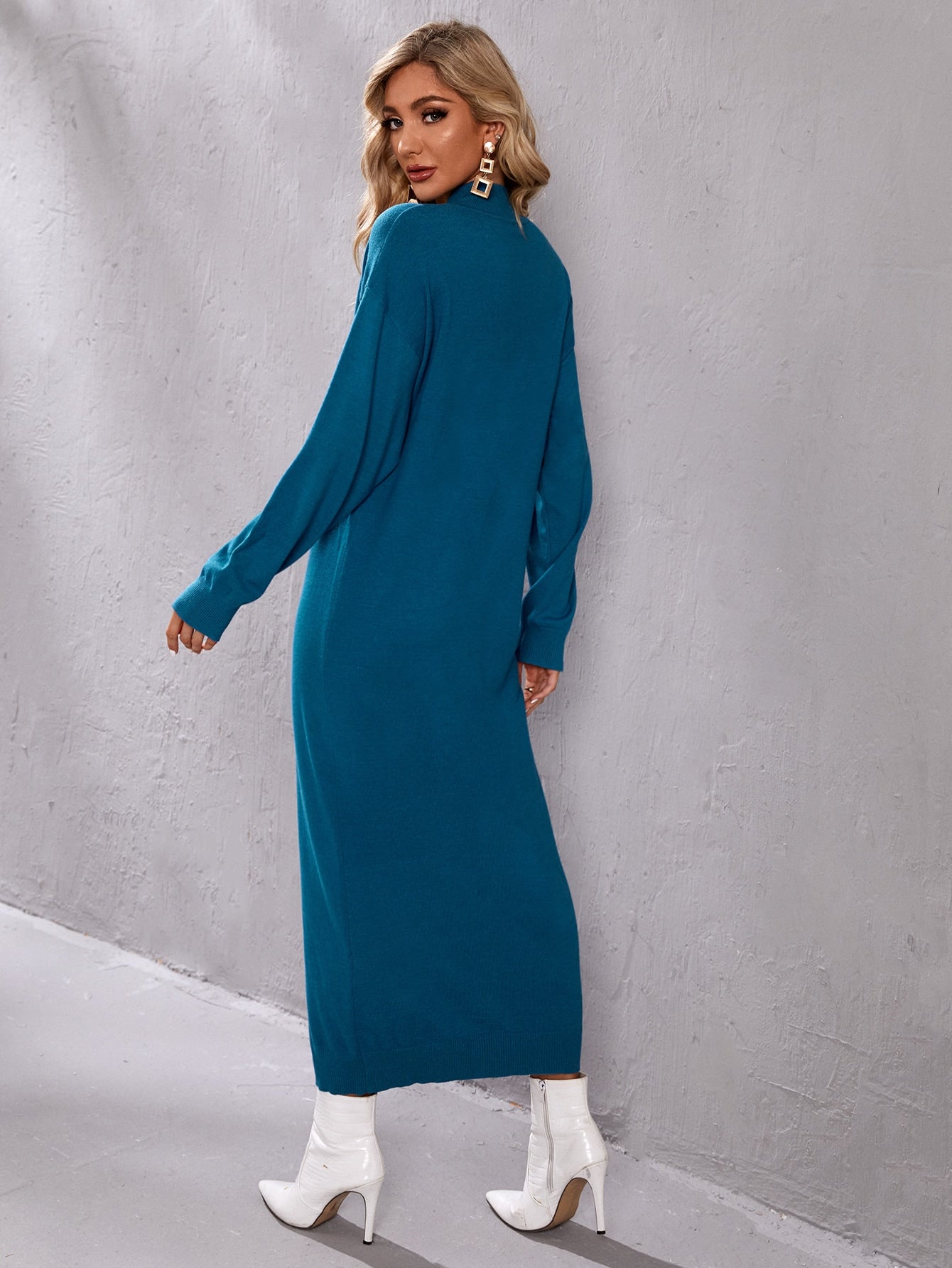 Mock Neck Drop Shoulder Sweater Dress Without Belt