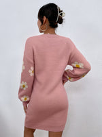 Floral Pattern Lantern Sleeve Sweater Dress