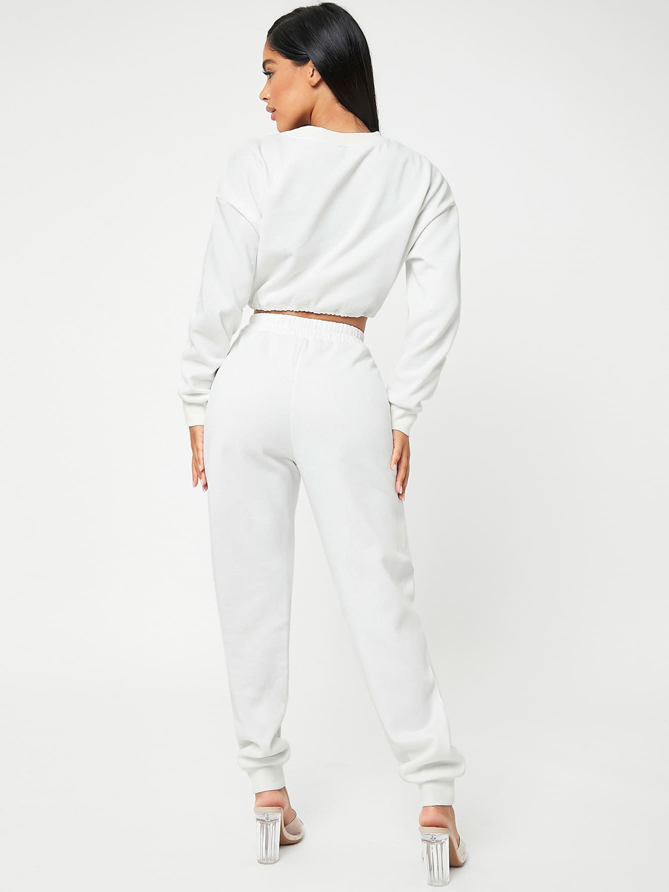 Solid Drop Shoulder Drawstring Crop Sweatshirt & Sweatpants