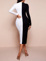 Two Tone Plunging Neck Split Hem Bodycon Dress